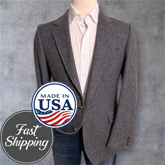 VINTAGE Men's Blazer Sport Coat Two Button Jacket 42R TWEED WOOL Gray Herringbon - Picture 1 of 13